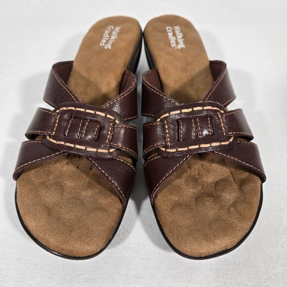 Y2K Vintage WALKING CRADLES Brown Leather Strappy Wedge Heels Sandals Size 8B. - Picture 4 of 17